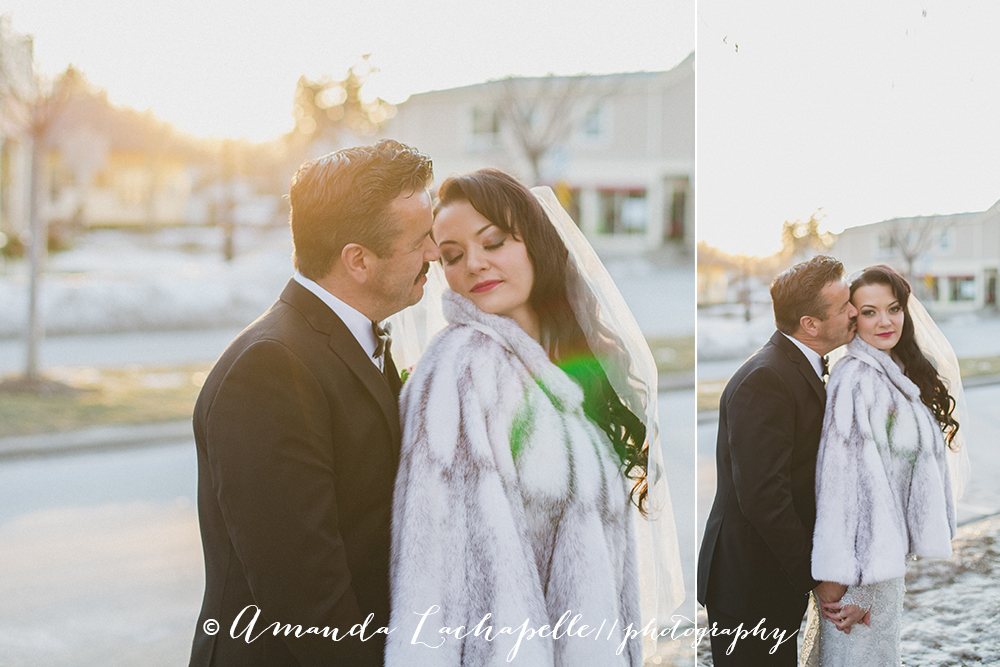 bride and groom at sunset in winter